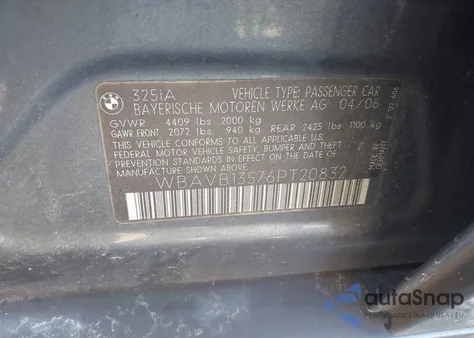 2006 BMW 325 I из США, поврежденный, VIN WBAVB13576PT20832